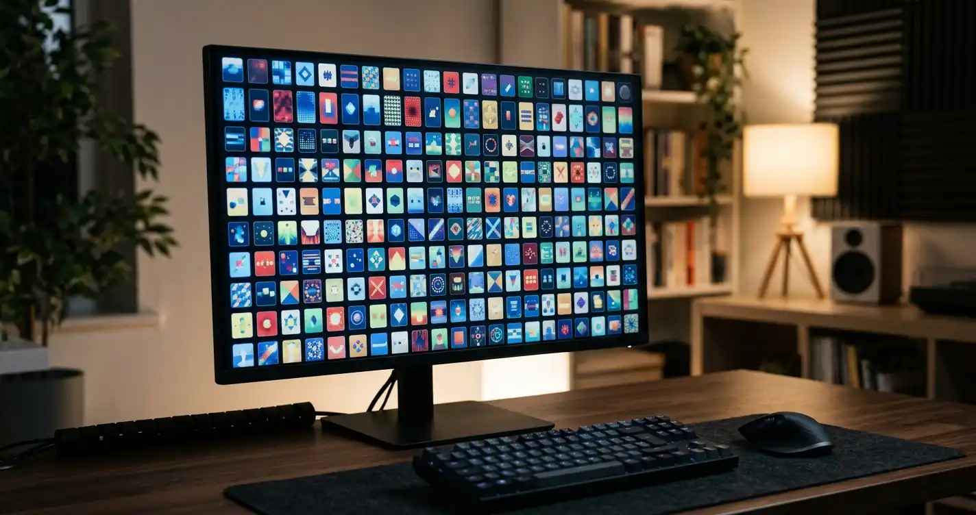 Monitor com mosaico abstrato de categorias de jogos ao lado de um teclado