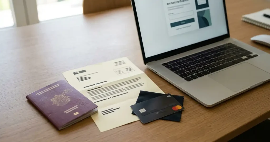 Documentos de identidade, comprovativo de morada e cartão parcialmente oculto organizados para uma verificação de conta