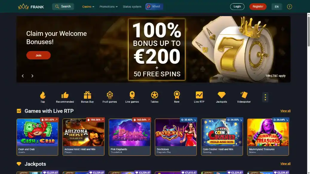 Página inicial do Frank Casino aberta num navegador de computador