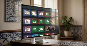 Ecrã genérico com grelha de slots, mesa de cartas e estúdio de casino ao vivo representados lado a lado