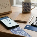 Ecrã bancário genérico com pedido de levantamento, calendário e calculadora sobre uma secretária