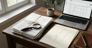 Secretária com documentos regulatórios genéricos, lupa e mapa estilizado de Portugal