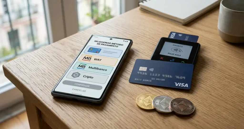 Telemóvel com ecrã de pagamentos genérico junto a cartão bancário e símbolos abstratos de criptoativos