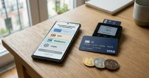 Telemóvel com ecrã de pagamentos genérico junto a cartão bancário e símbolos abstratos de criptoativos